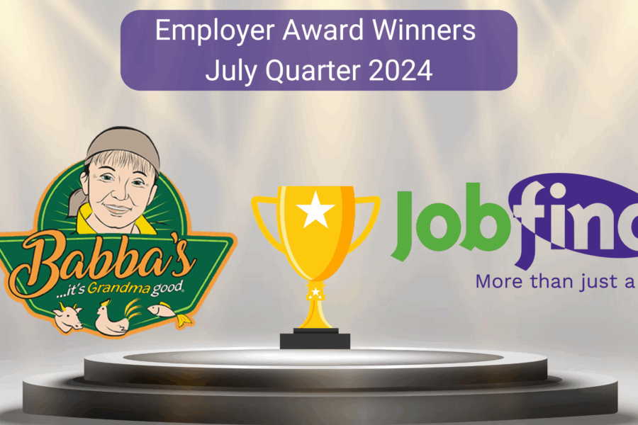 The logo of Babb's Chicken, a Trophy and then Jobfind Logo, with the text above this image reading, EMPLOYER awards July Quarter 2024
