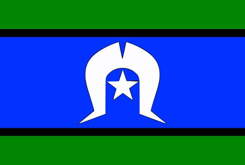 Flag of the Torres Strait Islands - green on top and base, with a blue band and white icon